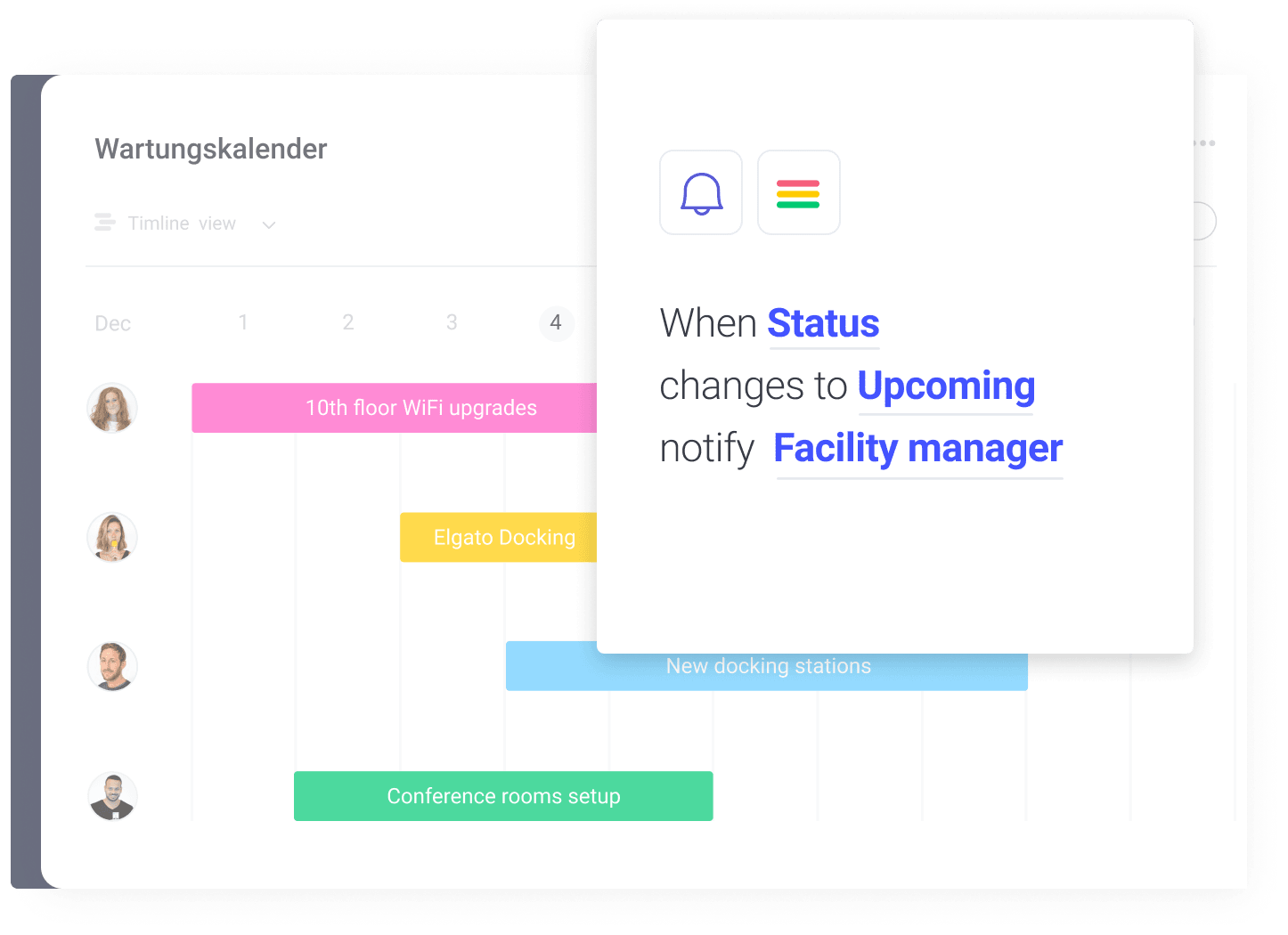 Darstellung von einem Automatisierungsrezept und einem Wartungskalender,  welche im Bereich Facility Management eingesetzt werden können